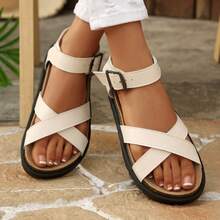 女士时尚厚底坡跟平底搭扣镂空交叉运动凉鞋 - 白色 - 查看 3