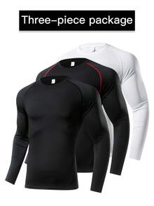 3件装男士长袖压缩运动T恤，透气速干健身上衣，吸湿排汗打底衫 - 黑色 - 查看 2