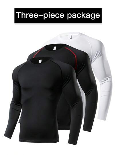 3件装男士长袖压缩运动T恤，透气速干健身上衣，吸湿排汗打底衫