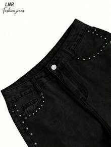 Women's Black Washed Loose Straight Leg Jeans, Retro Casual Street Style With Rivet Decor Spring - Black - View 4