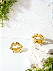 1 Pair Exaggerated Melting Lips Design Earrings, Versatile For Dates, Daily Wear, Parties - Yellow Gold - View 4