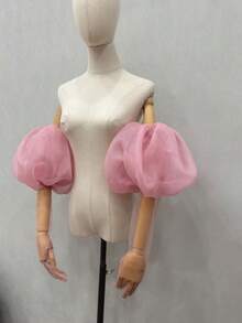 1 Set White Organza Puff Sleeve Bridal Arm Sleeves + Gloves - Multicolor - View 4