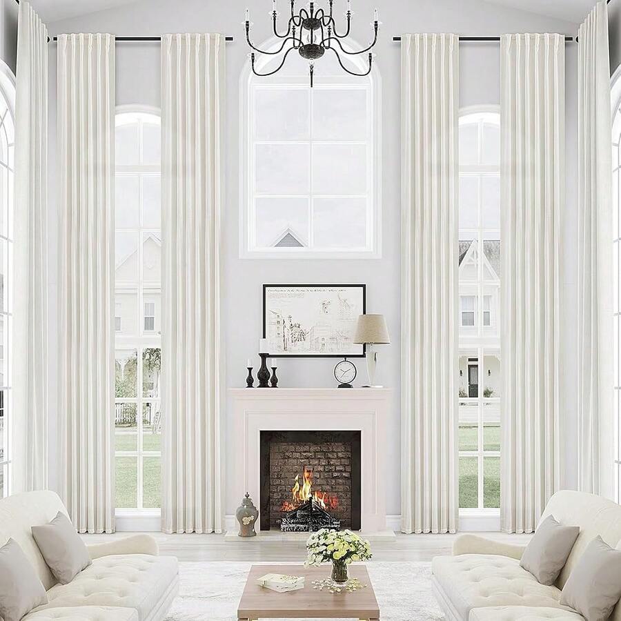 Ivory 132 Inch Linen Curtains For High Ceiling Living Room Privacy Extra Long Back Tab Cream Semi Sheer Curtain Drapes For Bedroom Hotel Loft Tall Windows Sliding Door 11 FT (1 Panel, W52xL132) - Natural - 查看 1