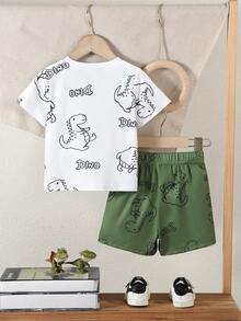 Set de 2 piezas Conjunto informal de ropa exterior para bebés recién nacidos niños, camiseta blanca de cuello redondo con estampado de letra "DINO" de dinosaurio lindo y deportivo, y pantalones cortos verdes de cintura elástica, primavera/verano - Multicolor - Ver 4