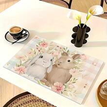1/4/6 pezzi Serie Pasquale, Un paio di conigli abbracciati circondati da fiori rosa e bianchi e foglie verdi stampati su tovaglietta/tovaglia, realizzata in lino, lavabile a mano - adatta per tavolo da pranzo, cucina, festa, decorazione della casa - Multicolore - Visualizzare 10