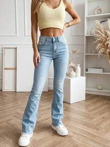 女式喇叭牛仔裤，休闲喇叭裤，喇叭裤，简约时尚纯色，带口袋和拉链开合，适合冬季、秋季、夏季 - 淺色水洗藍 - 查看 1