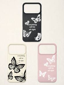 3pcs Butterfly Pattern Phone Cases, Motivational Slogan Positive Energy Phone Cases, Faux Leather Texture Black White Pink Shockproof Protective Covers, Compatible With IPhone & - Multicolor - View 44