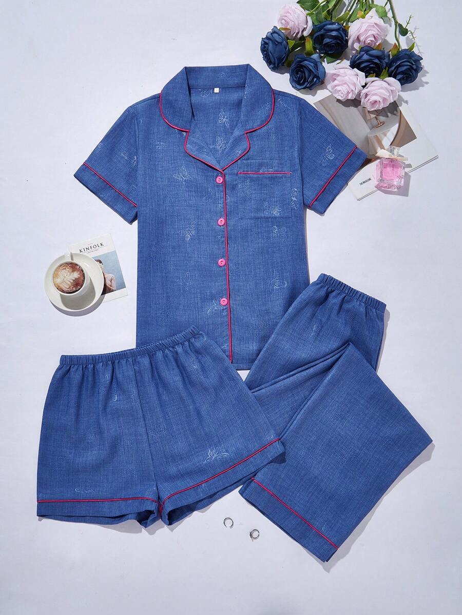 Bộ đồ ngủ 3 món nữ màu trơn, chất liệu jacquard, có nơ, túi trước và cúc cài, gồm quần short và quần dài ngắn tay, thích hợp cho mùa xuân/hè. - Màu xanh lam - Xem 1