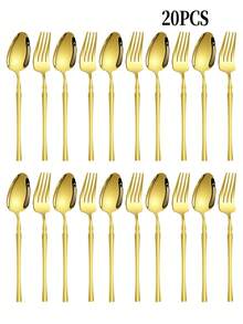 2/10/20 Stücke Edelstahl Gemusterte Servierlöffel & -gabeln, Pasta-/Salatlöffel & -gabeln, Suppen-/Reislöffel, Dessert-/Kuchengabeln, geeignet für Zuhause, Restaurant, Party, Geschenk - Gold - Übersicht 1