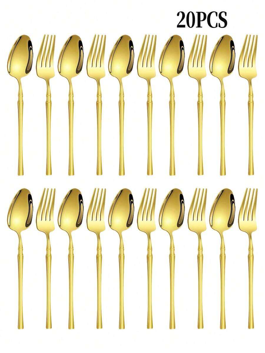 2/10/20 Stücke Edelstahl Gemusterte Servierlöffel & -gabeln, Pasta-/Salatlöffel & -gabeln, Suppen-/Reislöffel, Dessert-/Kuchengabeln, geeignet für Zuhause, Restaurant, Party, Geschenk - Gold - Übersicht 1