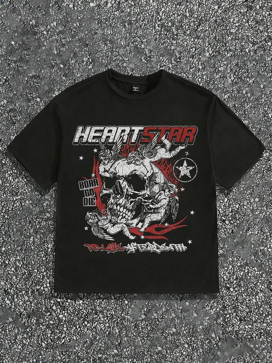 Y2K Gothic T-Shirt Style - Black & White Heart Star Dragon Wings & Red Flames Print, Streetwear Tee, 100% Cotton Crew Neck Short Sleeve Top With Slight Stretch, Breathable Summer Casual Wear For Mens - Black - View 1