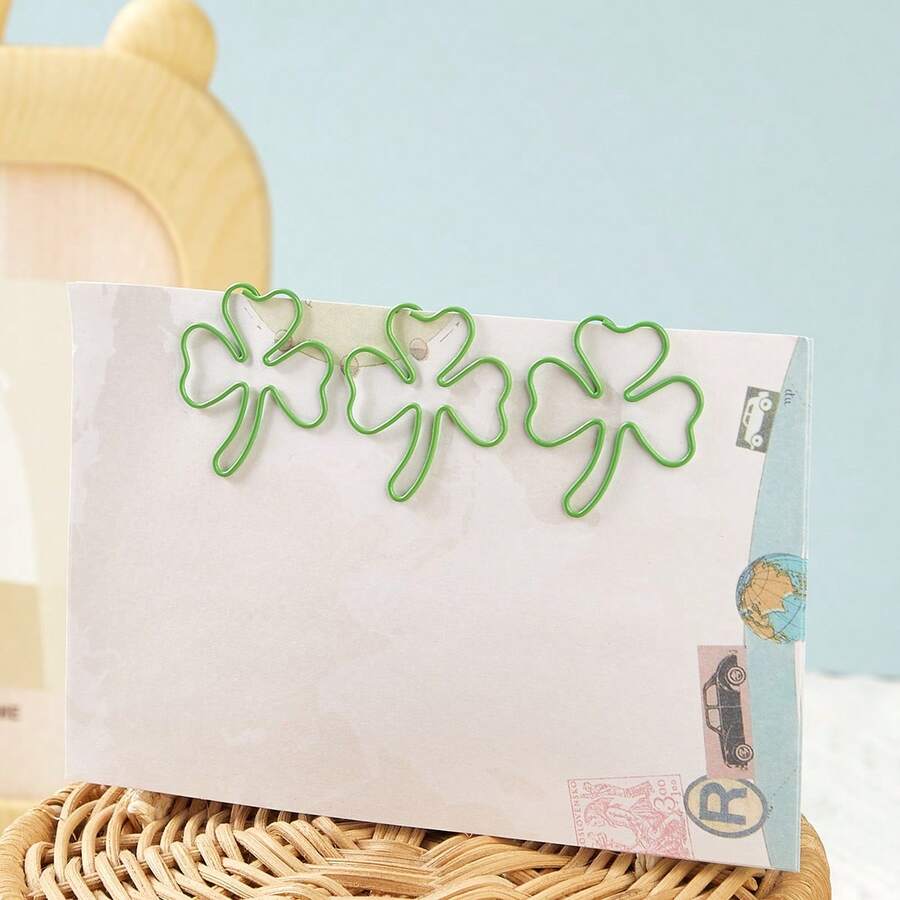 10 Green Clover-Shaped Paper Clips Made Of Metal. Perfect Gifts For Teachers, Students, Classrooms, Office Supplies, Valentine's Day, Ramadan, And Various Festivals. - A - View 1
