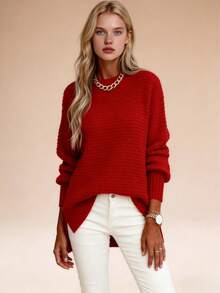 Women's Mock Neck Chunky Knit Sweater, Oversized Textured Multi-Color Pullover, Cozy & Stylish Spring Essential, Elegant Side Split Long Sleeve Jumper, Casual Spring Knit Top, Transitional Layer Piece, Perfect For New Year & Valentine's Day - 紅色(升級款) - 查看 5