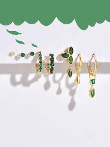 8 Piezas Conjunto De Pendientes De Piedra Natural Y Circonia De Color Verde Fabuloso Adecuado Para El Uso Diario, Cita, Fiesta Y Trabajo De Mujeres - Amarillo Oro - Ver 2