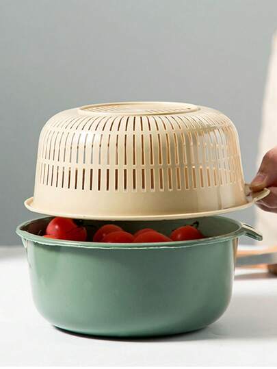 1pc Kitchen Double Layer Plastic Draining Basket, Vegetable Fruit Washing Bowl, Multi-Purpose Rice Washing Strainer