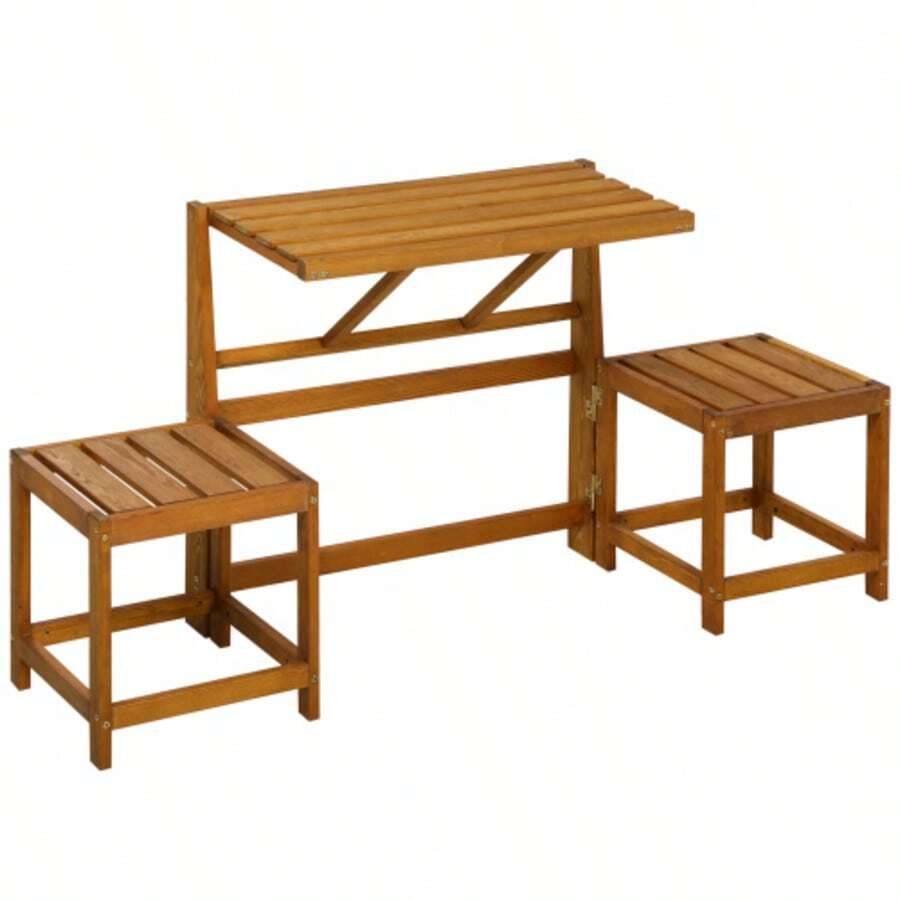 2-Seater Garden Bench, Combining Table And 2 Stools, Made Of Weather-Resistant Larch Wood With A Teak Look. - Orange - View 1