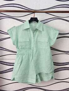 Women's Shirt And Shorts Set With Lining - Cadet Blue - View 3