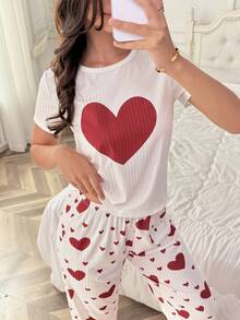 2pcs/Set Women's Heart Print Pajama Set, Short Sleeve Top And Long Pants, Spring/Summer - Red and White - View 1