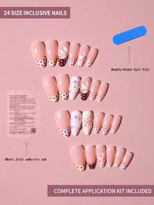 24片Y2K风格杏仁形3D凝胶波点法式美甲贴纸，包含3D凝胶花朵、金色珍珠和波点图案，粉嫩少女风，易于佩戴的亚克力假指甲套装，附赠1瓶胶水和1把指甲锉，适合女性和女孩日常及各种派对场合。 - 彩色 - 查看 4