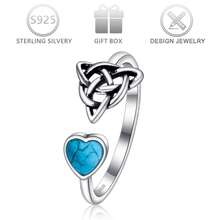 1pc 925 Sterling Silver Vintage Style Synthetic Turquoise Inlaid Asymmetric Celtic Knot Heart Design Open Ring, Suitable For Daily, Vacation Wear, Valentine's Day Gift - Antique Silver - View 1