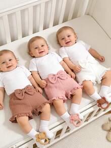 3pcs Baby Girls' Soft & Comfortable Casual Elegant Cute Simple Cotton Shorts Set, Bow Decor, Ruffle Hem, Elastic Waist, Infant Toddler Girl Clothing, Summer Daily Wear, Vacation, Photography, Outdoor Activities - 彩色 - 查看 2
