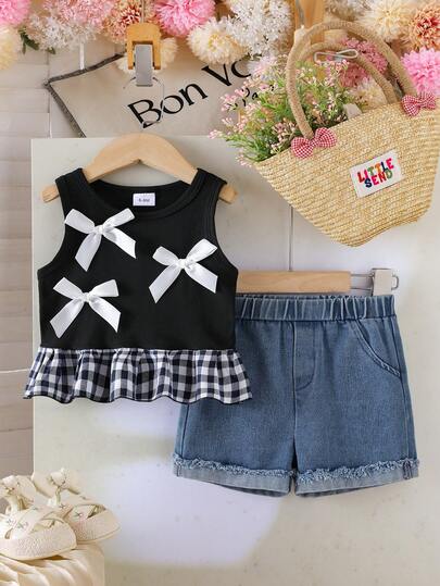 2pcs Baby Girl Casual Outfit: Bow Tie Colorblock Plaid Sleeveless Top And Frayed Hem Elastic Waist Denim Shorts Set