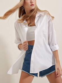 女士休闲黑色长款衬衫，翻领，卷边袖，纽扣前襟，涤纶面料，长款 - 白色 - 查看 6