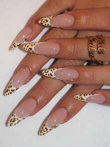 24pcs Autumn French Manicure Nail Stickers, Y2K Pink Long Pointed Fashionable Gradient Glitter Geometric Striped Dot 3D Pattern, Rhinestone Glossy, Reusable, Acrylic Press-On Nail Strips, Nail Art Supplies, Free 24pcs Jelly Nail Stickers And Mini Nail File Included - Pink - View 1