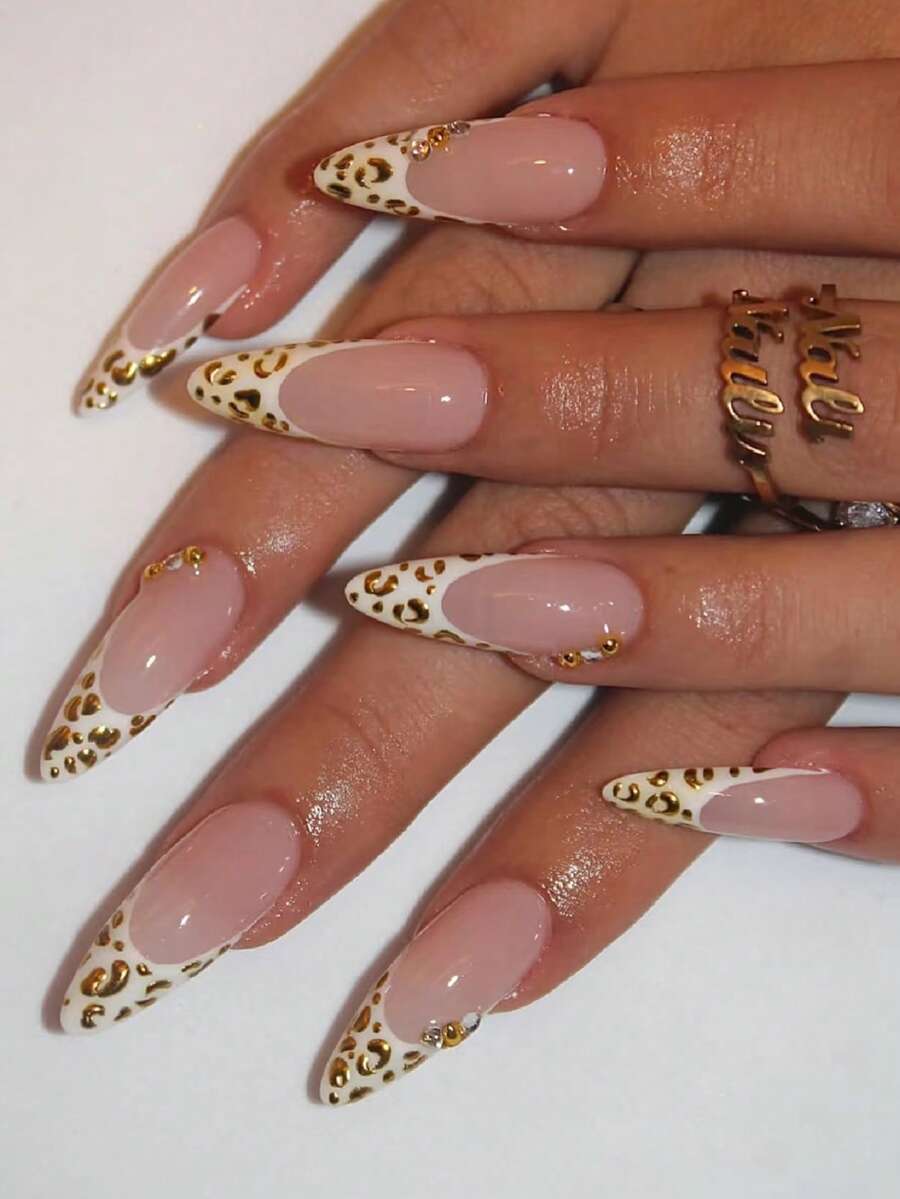 24pcs Autumn French Manicure Nail Stickers, Y2K Pink Long Pointed Fashionable Gradient Glitter Geometric Striped Dot 3D Pattern, Rhinestone Glossy, Reusable, Acrylic Press-On Nail Strips, Nail Art Supplies, Free 24pcs Jelly Nail Stickers And Mini Nail File Included - Pink - View 1