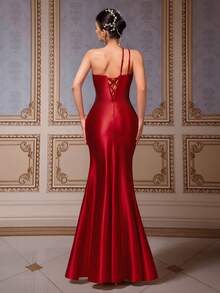 VIPGIRL Đầm dạ hội kiểu Trung Quốc màu đỏ satin thêu rồng, thiết kế xẻ cao, lệch vai, đầm dự tiệc cocktail gợi cảm, đầm dự đám cưới thanh lịch, đầm dự tiệc sang trọng, đầm dạ hội dài, đầm dạ hội nữ, đầm đỏ nữ, đầm cocktail quyến rũ - Đỏ - Xem 2