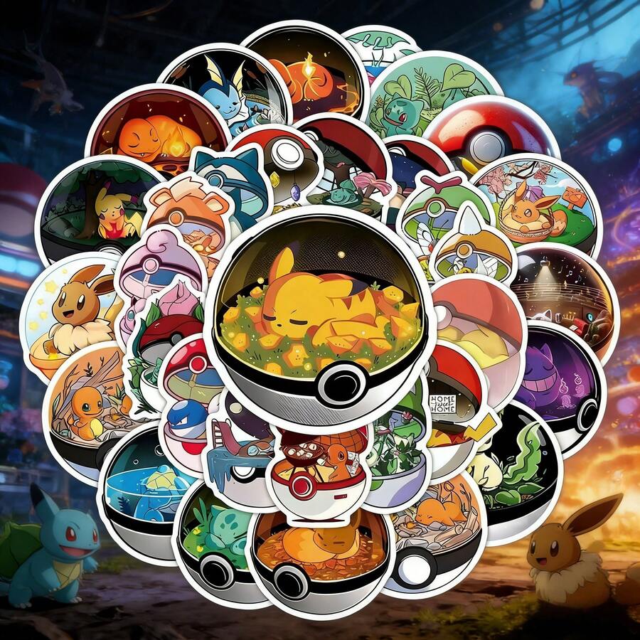 pokemon 50张可爱卡通贴纸，DIY装饰贴纸，适合儿童和女孩，可用于滑板、手机、笔记本电脑、自行车、冰箱和其他可爱的DIY装饰，防水涂鸦玩具 - 彩色 - 查看 1