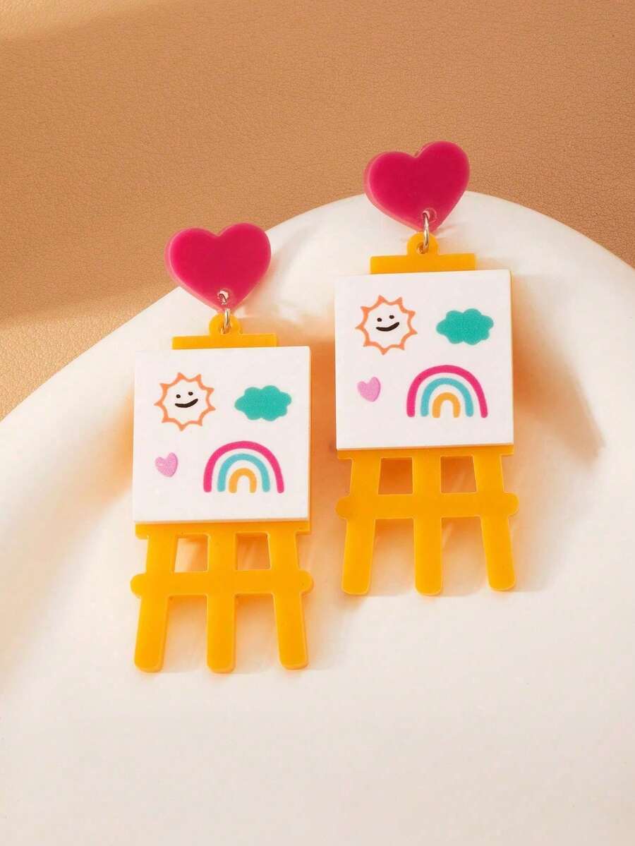 1 Pair Cartoon Teacher's Day Earrings, Cute Chalkboard & Heart Earrings, Back To School Earrings, Graduation Gift For Teachers (Card Not Included) - Multicolor - View 1