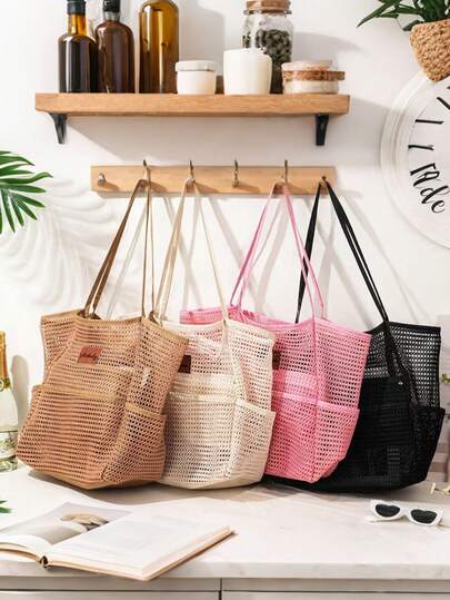 Túi đi biển cá nhân hóa, túi tote đi biển thiết kế riêng, lưới nylon chống cát, miếng vá da, túi tote nhiều ngăn, túi đựng đồ cưới, túi đựng mỹ phẩm và đồ dùng vệ sinh cá nhân.