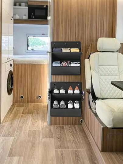 门挂式鞋架 – 可折叠双层壁挂式收纳袋，带粘性口袋，节省空间，适用于房车、露营车、宿舍、浴室、衣柜 – 多用途网状收纳袋，可收纳鞋子、帽子、洗漱用品、小物件 – 无需工具，易于安装和收纳，是公路旅行和露营的理想之选