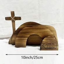 He Is Risen Wooden Tomb Easter Scene And Cross Decoration, Wood Easter Resurrection Scene For Tray, Jesus Nativity Scene Decor For Religious Decorations, Home Office Tabletop, Shelf Decor - 駝色 - 查看 9
