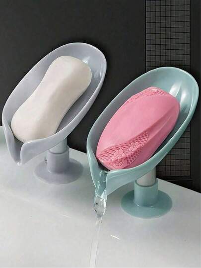 2pcs/1pc Leaf Shaped Soap Dish With Drainage Holes, Suction Cup Soap Holder Bathroom Accessories, Ideal For Bathroom Storage, Decoration And Organization