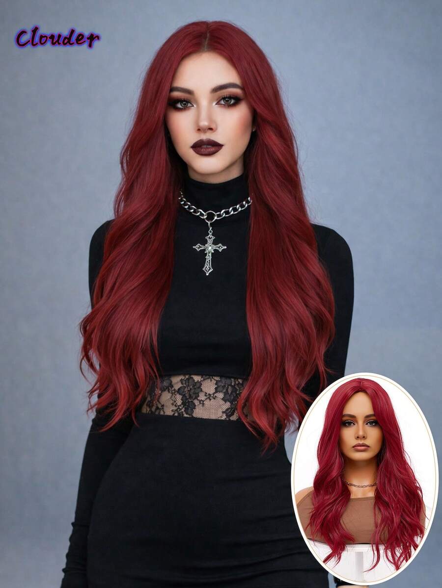 clouder Gothic Punk Burgundy Long Wavy Curls Wig 26-Inch Center-Parted Bangs Heat-Resistant Synthetic Fiber Wig Women's Soft Voluminous Curls Suitable For Daily Cosplay, Street Style, Holiday Parties, Music Festivals, Y2K Aesthetic, Avant-Garde College Style, Modern Fashion Punk Looks - 紅色 - 查看 1
