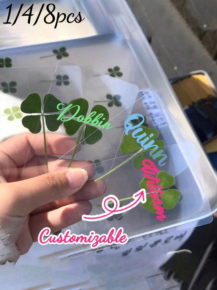 1/4/8pcs Transparent Material Lucky Four-Leaf Clover Postcards, Healing Gift Bringing Good Luck; Customizable Text, Irish Style Decorative Bookmarks; St. Patrick's Day Gifts. Party Favors, Blessing Cards, Bookmarks And Decorations; Realistic Four-Leaf Clover Pattern, Suitable For Birthday, Wedding, Valentine's Day, Teacher's Day And Other Occasions. - Lucky Clover Cards - View 1