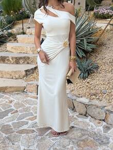 女士优雅性感扭结镂空不对称露背连衣裙 - 杏色 - 查看 9