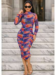 Spill Print Mesh Ruched Midi Dress  Tie Dye  All Over Print  Watercolor    Elegant  Party    Ruched  Split - 紫色/橙色 - 查看 1