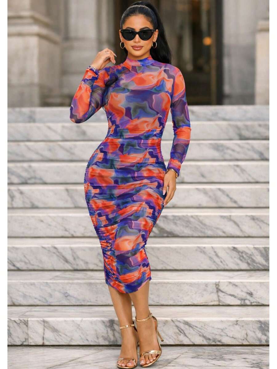 Spill Print Mesh Ruched Midi Dress  Tie Dye  All Over Print  Watercolor    Elegant  Party    Ruched  Split - 紫色/橙色 - 查看 1