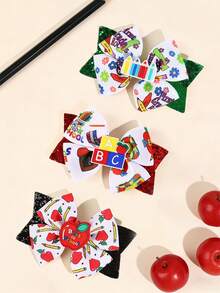 مجموعة من 2 قطعة من مشابك الشعر المزينة بالريبون والطباعة على شكل قلم وكتاب للبنات، إكسسوارات شعر للطالبات - متعدد الألوان - مشاهدة 2