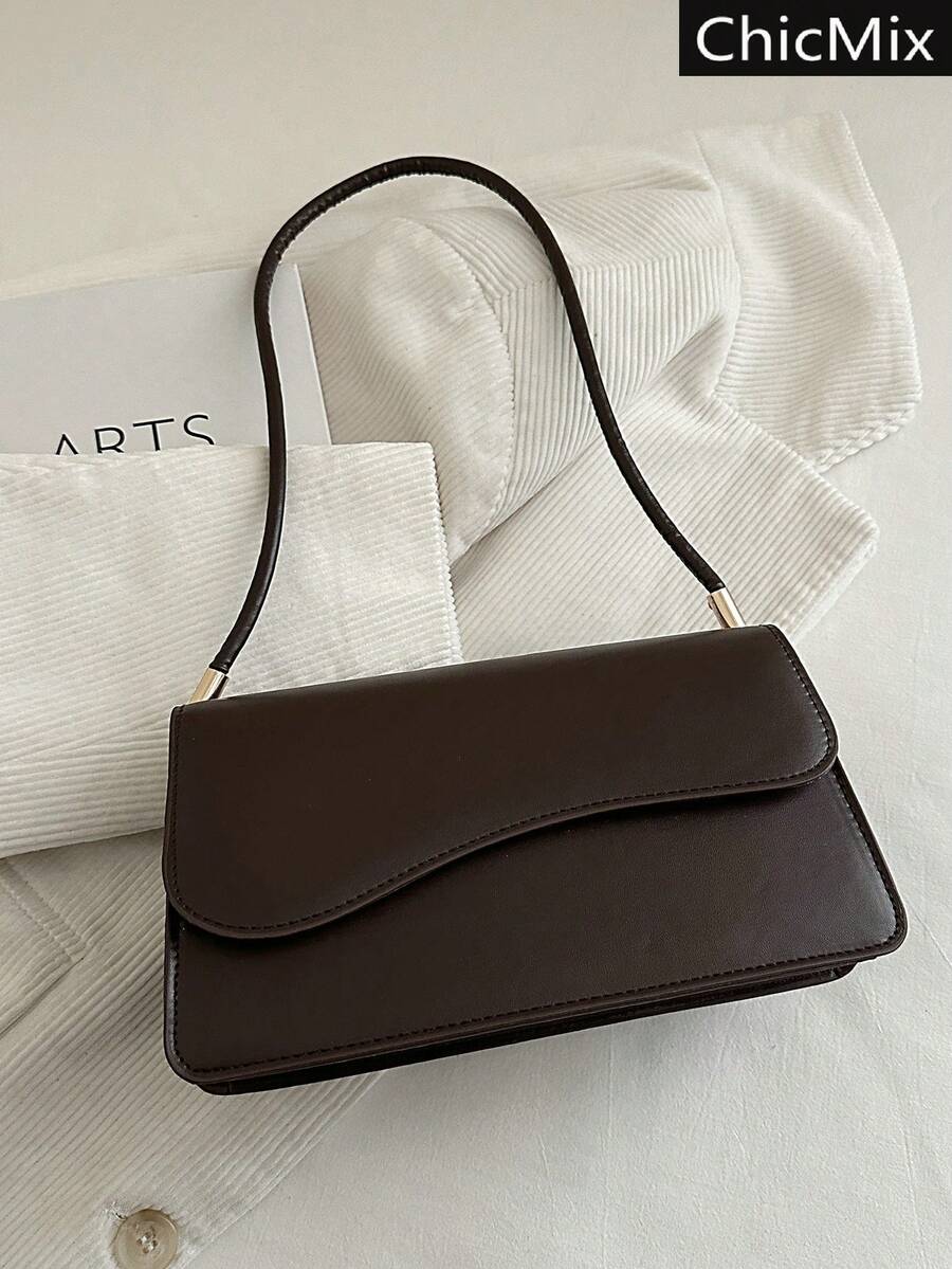 Bolso de hombro elegante minimalista de unicolor y estilo retro - Café integral - Ver 1