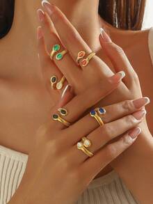 1 Stück 18K vergoldeter Edelstahl Vintage goldener geometrischer Naturstein offener Ring, Boho-Stil, mit Türkis eingelegt, geeignet für den täglichen Gebrauch, Festivals, Hochzeiten, Geburtstagsfeiern, Schmuckgeschenk für Freunde und Freundinnen - Gold - Übersicht 10