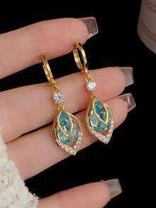 一对奢华锆石叶子流苏耳环，优雅百搭的女士耳环 - 綠色 - 查看 2