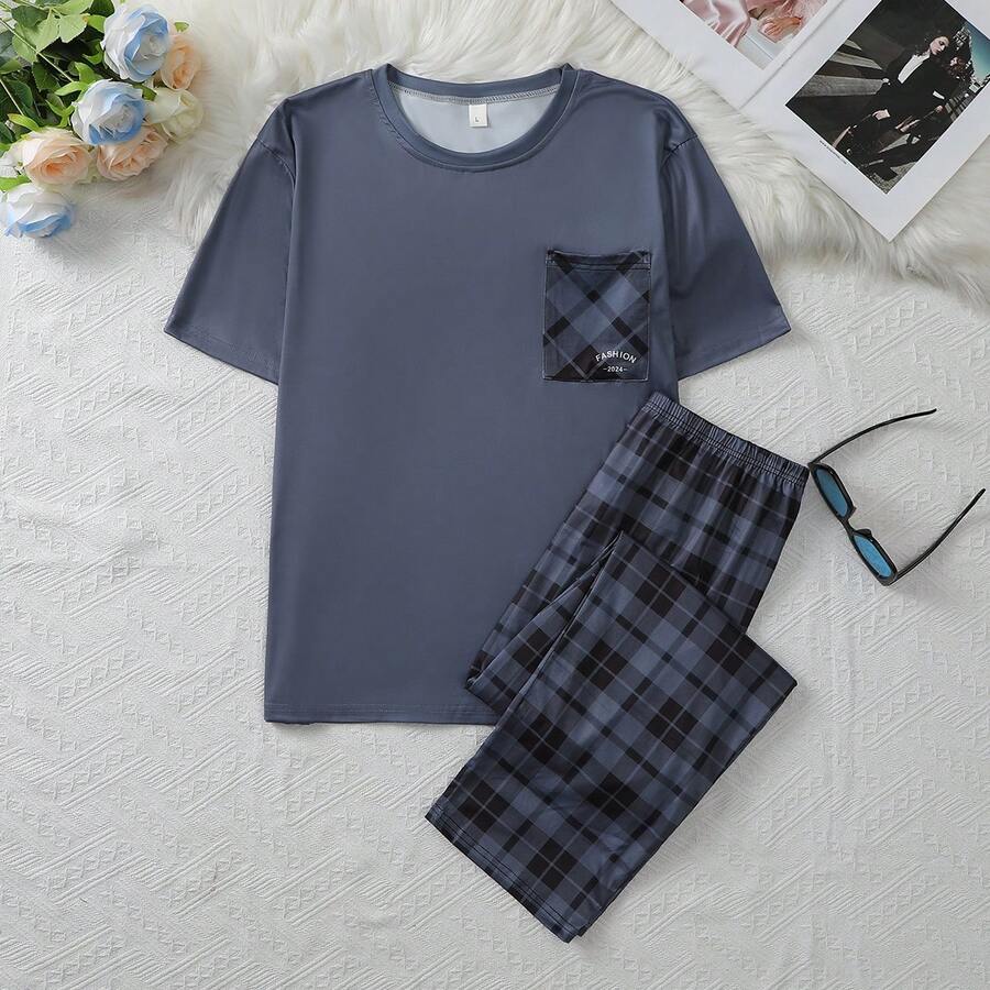 Bộ đồ ngủ nam in họa tiết kẻ caro gồm áo và quần có túi. - Nhiều màu - Xem 1