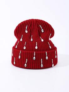 1pc Men's Fashion Handmade Crystal Raindrop Decor Knitted Beanie Hat, Suitable For Autumn/Winter Daily Wear And Keeping Warm - A - View 6