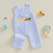Toddler Girls Boys Clothes Ovrealls Rompers Easter Clothes Rabbit Carrot Embroidered Sleeveless Baby Bodysuits Jumpsuits - Baby Blue - View 7