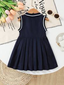 Baby Girls' Summer Preppy Style Versatile Lady Equestrian Embroidery Collar Sleeveless Pleated Dress, Casual Sporty Outdoor Daily Outfit - Royal Blue - View 2