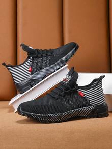 春秋新款透气男鞋，韩版休闲系带运动鞋，软底轻便防滑跑步鞋 - 黑色 - 查看 1